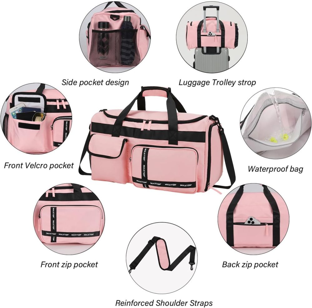 Gym Bag for Women Travel Duffle Carry On Tote Weekender Bag Large Capacity Pink Overnight Bag With Shoe Compartment Gym Tote with Dry and Wet Separation - Image 6