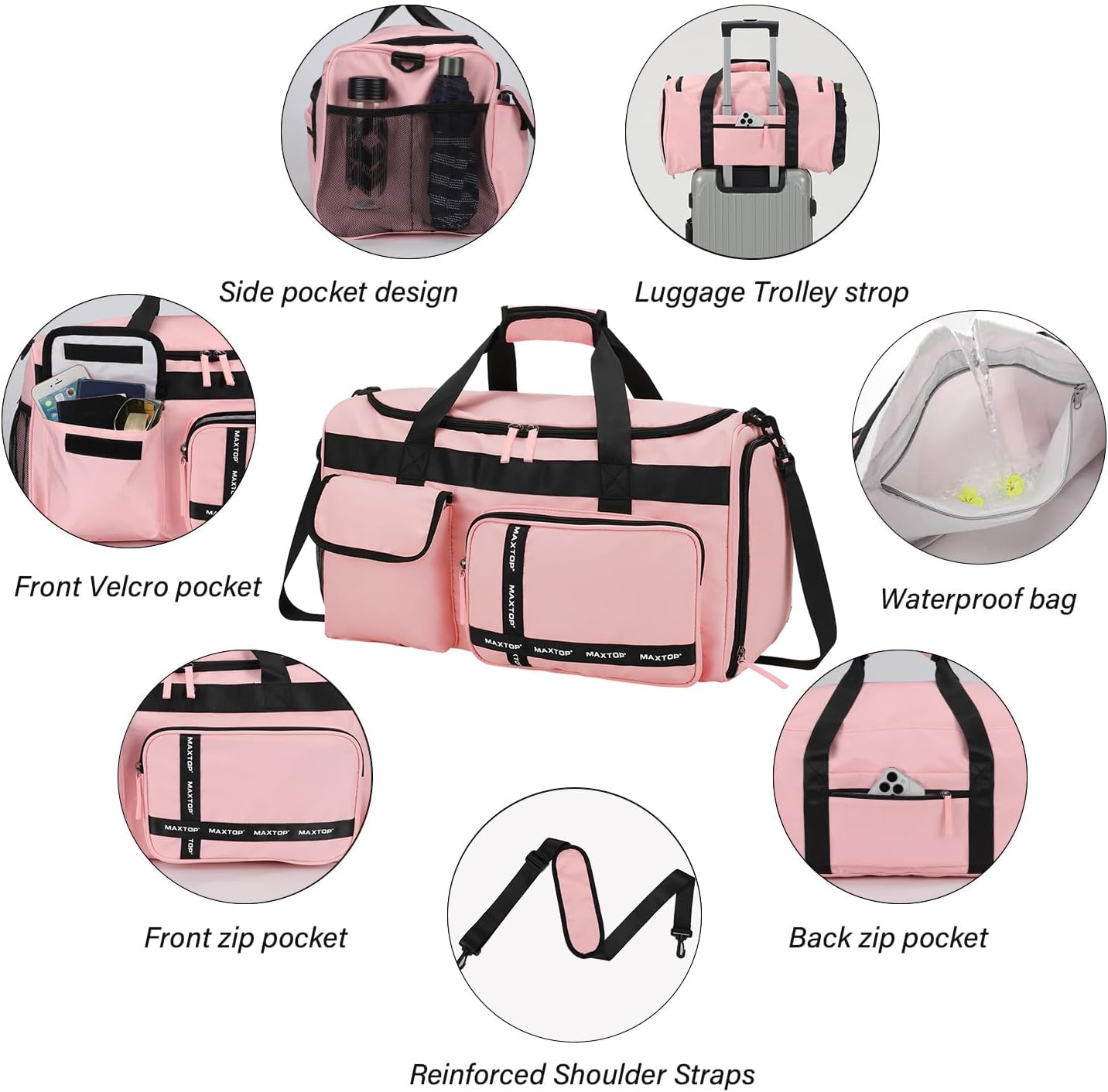 Gym Bag for Women Travel Duffle Carry On Tote Weekender Bag Large Capacity Pink Overnight Bag With Shoe Compartment Gym Tote with Dry and Wet Separation - Image 6
